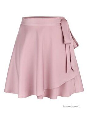 Satin Wrap Mini Skirt High Waisted Self Tie Silk-like A-Line Flared